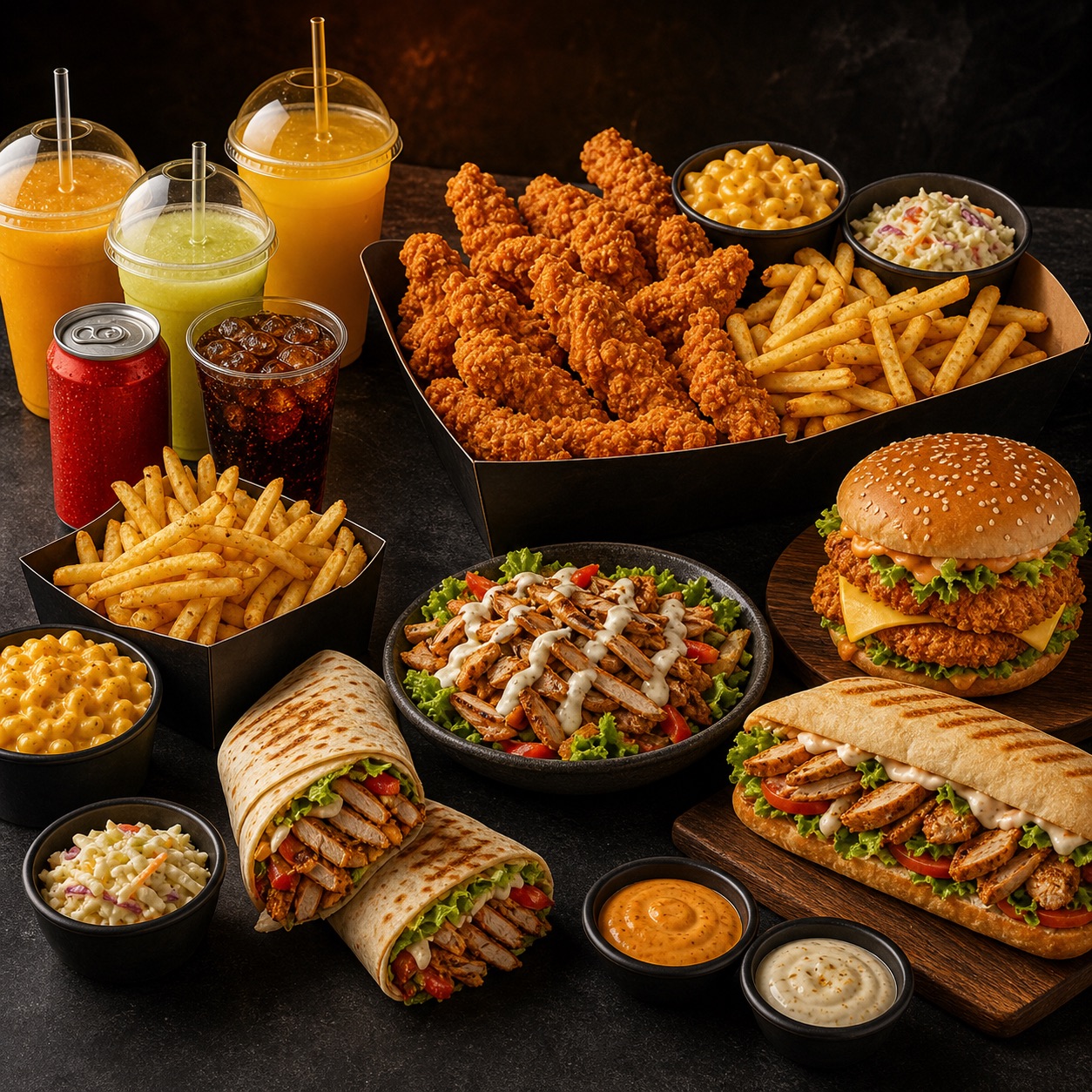 Pizzas, pates, salades et desserts
